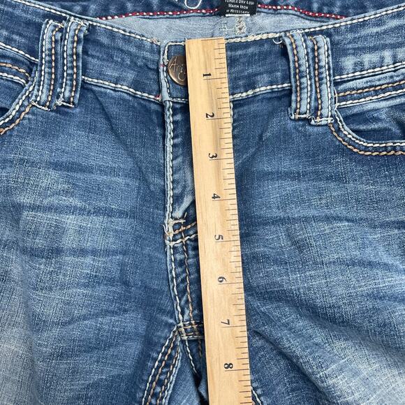 Ariya Jeans Sz 7/8 Y2K Flare Low Rise Flap Pocket Embroidered Distressed Stretch - Picture 9 of 10